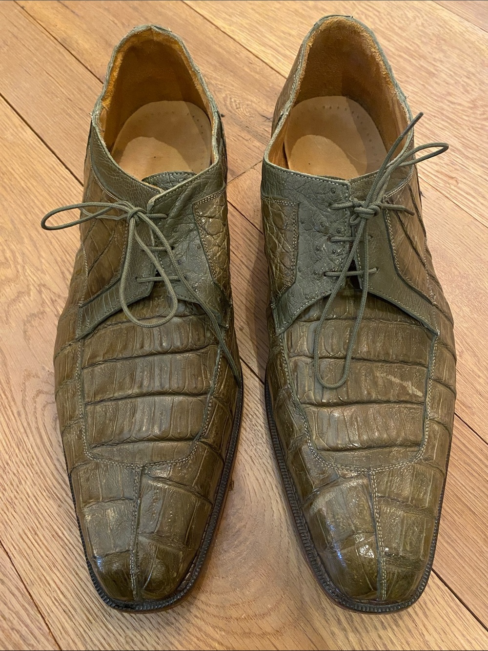 Belvedere Susa P32 Green Hornback Crocodile  Leather Quill Ostrich Trim Size 14